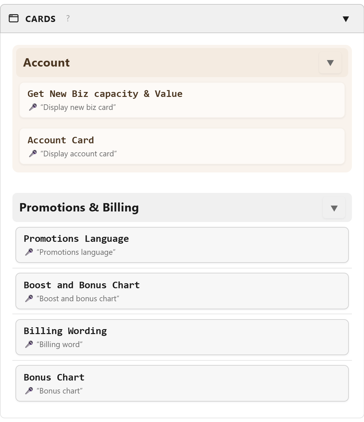 The Cards panel with groups called Account and Promotions and Billing, each holding cards with their spoken trigger phrases listed underneath.