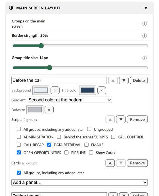 The main screen layout editor: named groups with the panels assigned to each, and controls to move a group up or down.
